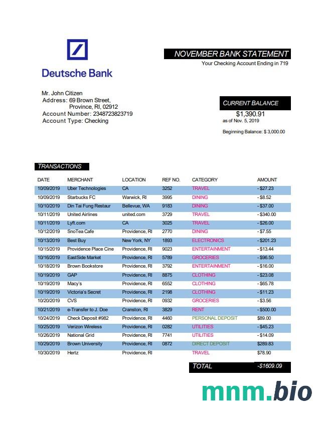 Niemcy Deutsche Bank Wyciąg łatwy do wypełnienia szablon w formacie Excel i PDF